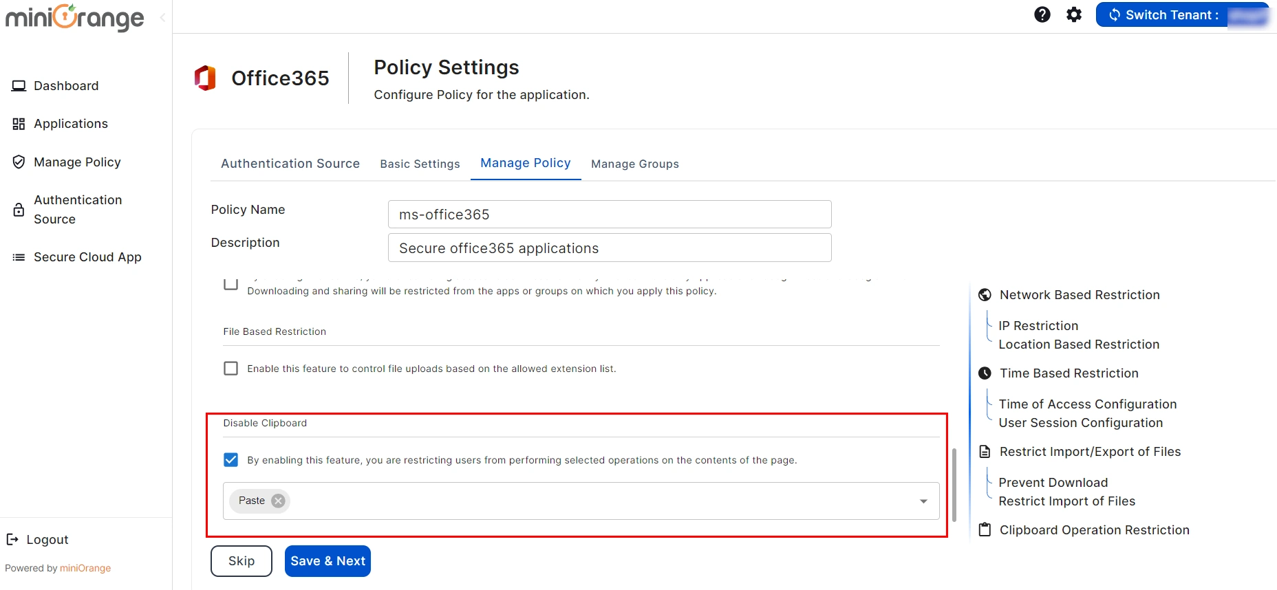 setup microsoft office365 CASB- click on Enable Disable cop