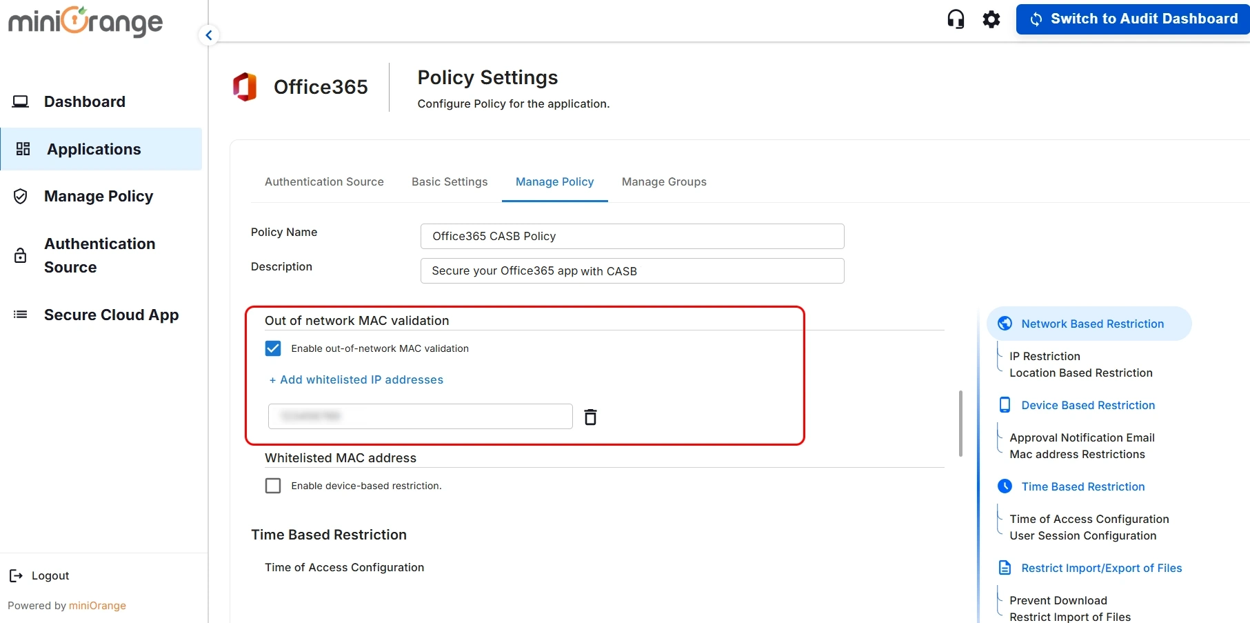 setup office365 CASB - out  of network mac validation