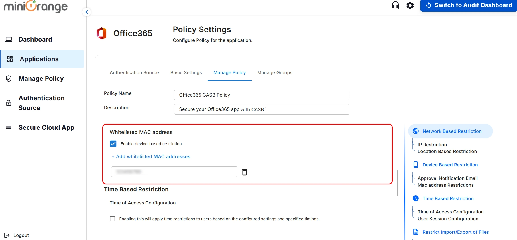 setup office365 CASB - Whitelisted MAC address