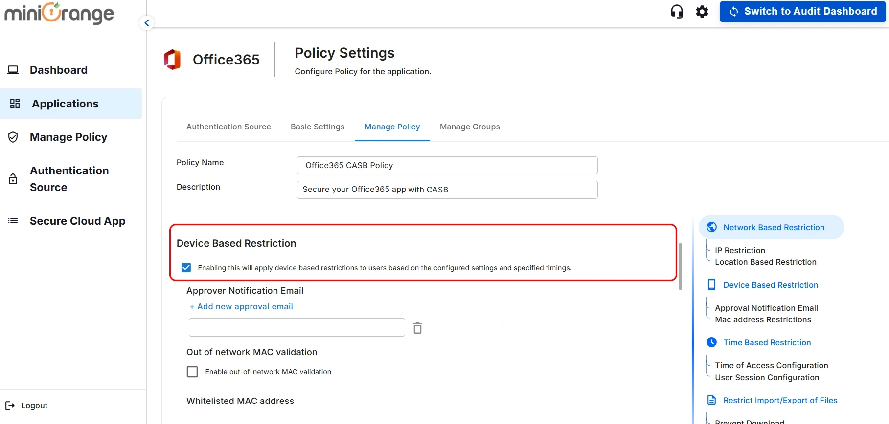 setup office365 CASB - device restriction