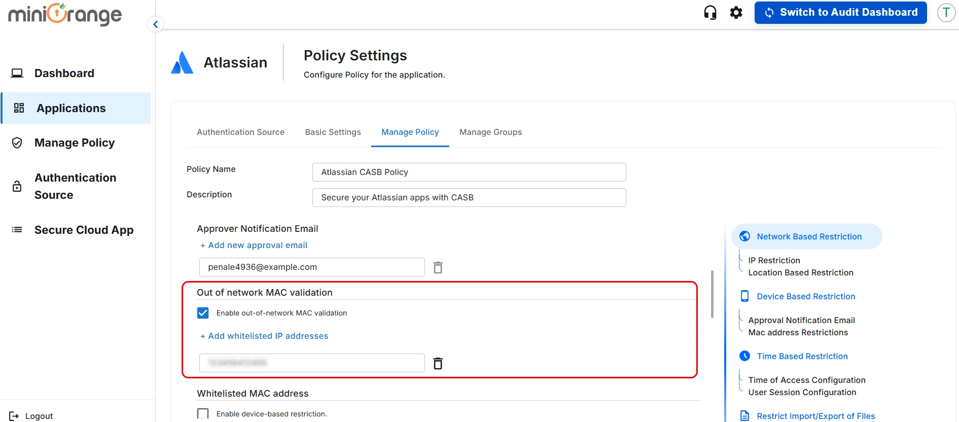 setup atlassian CASB - out  of network mac validation