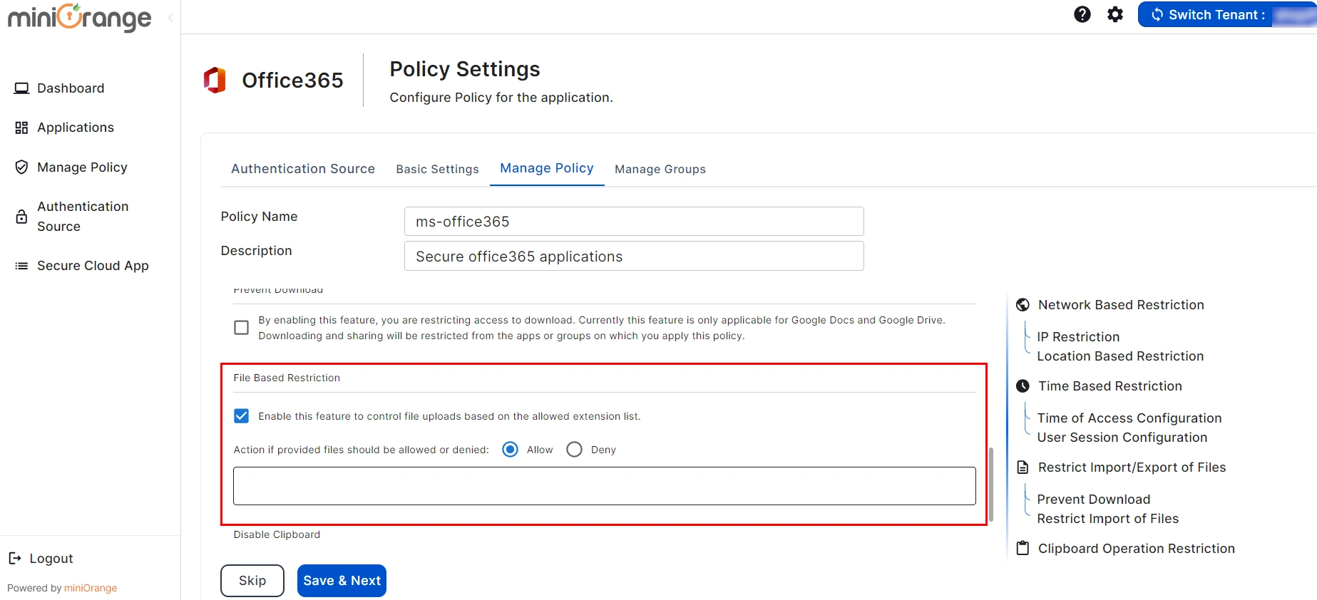 setup microsoft office365 CASB- click on File Based Restriction