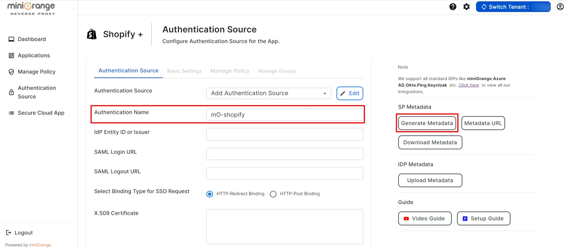 shopify plus CASB Authentication Generate Metadata