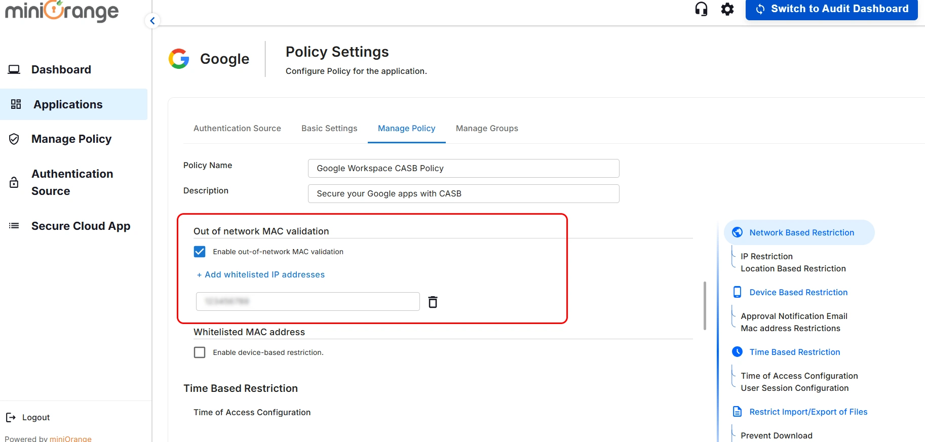 setup google workspace CASB - out  of network mac validation