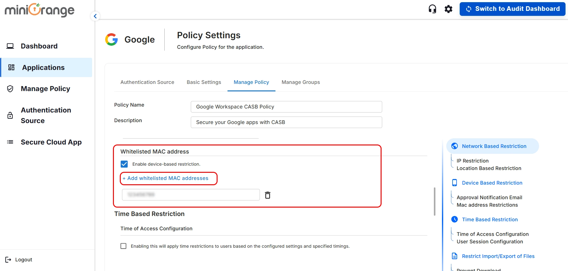 setup google workspace CASB - Whitelisted MAC address