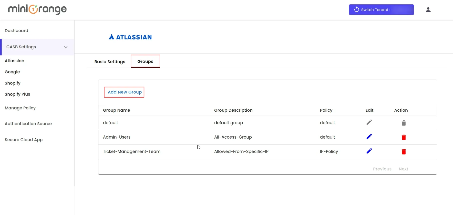 Atlassian CASB Group Settings all configured groups