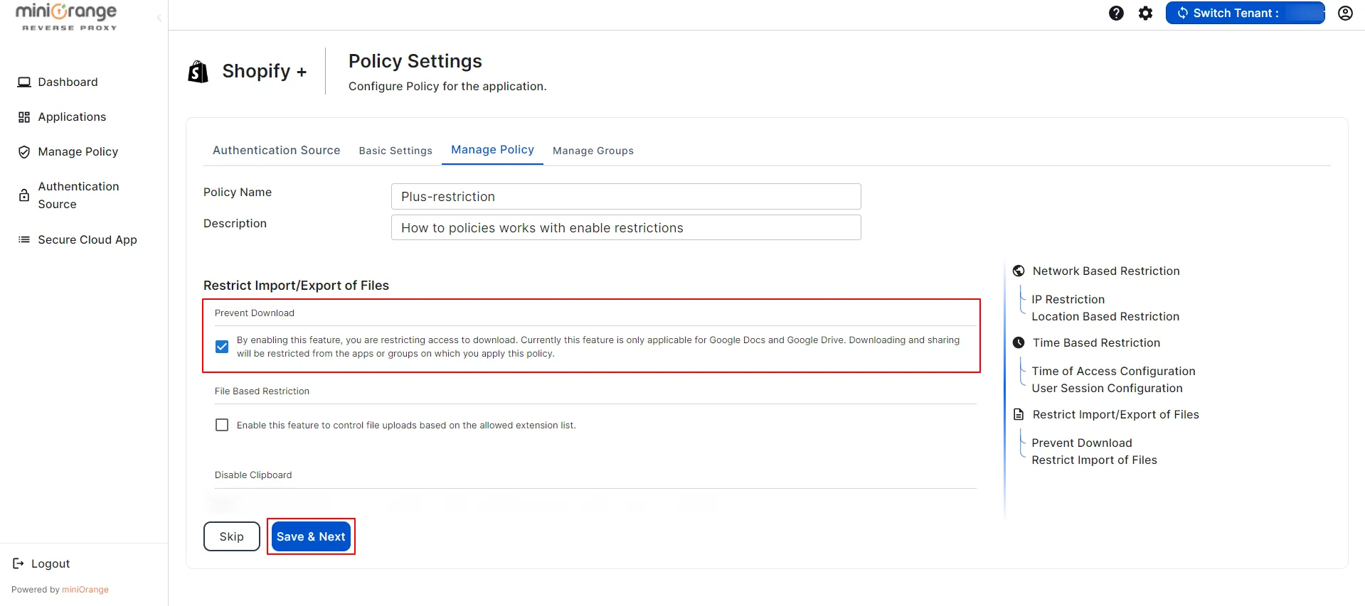 shopify plus CASB policies Enable Prevent Download
