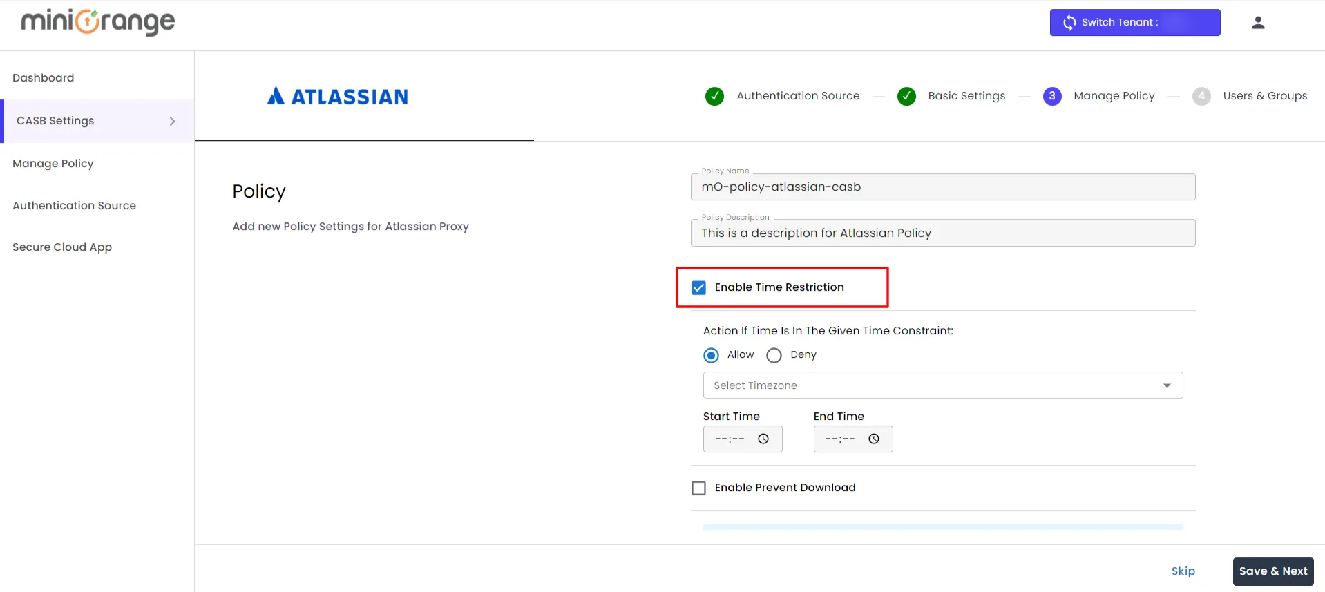 Atlassian CASB policies enable Time Restriction