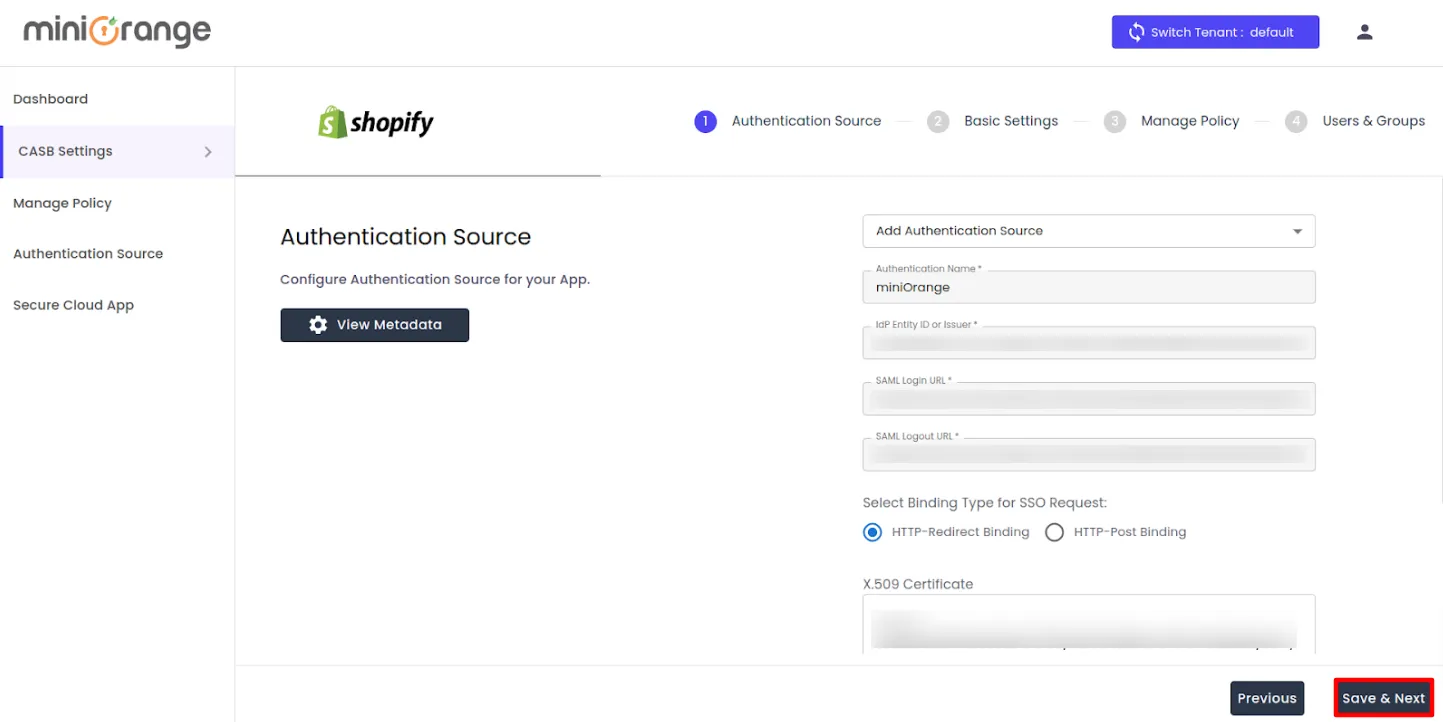 shopify non plus CASB Access Restriction SP metadata IDP Details