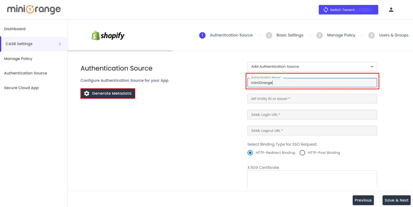 shopify non plus CASB Authentication Generate Metadata