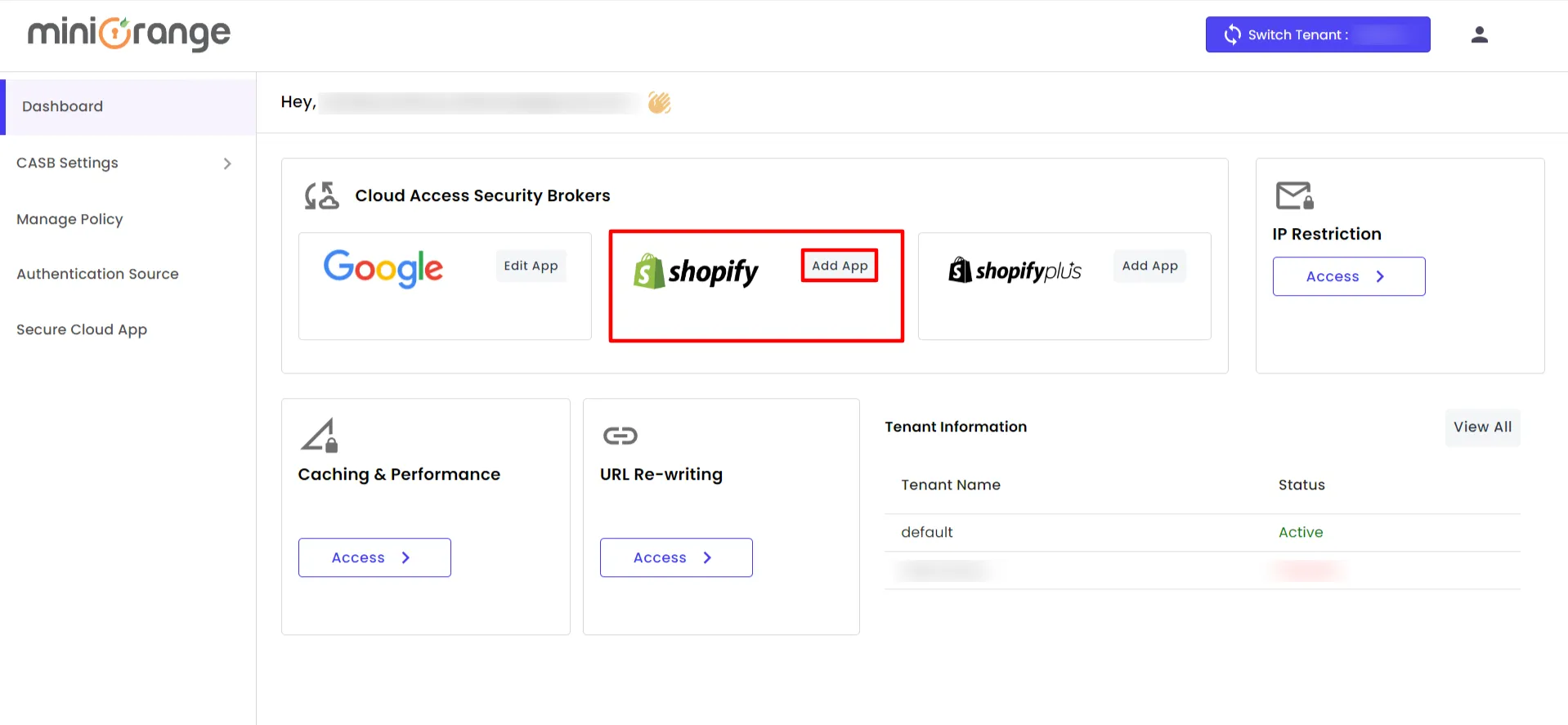 shopify non plus CASB authentication method dashboard