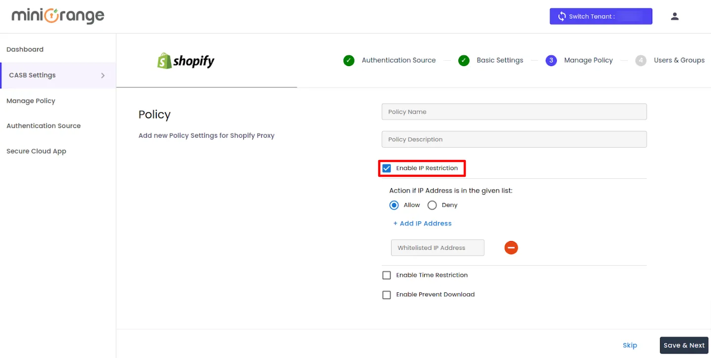 shopify non plus CASB policies enable IP Restriction