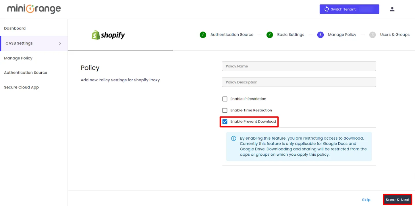 shopify non plus CASB policies Enable Prevent Download