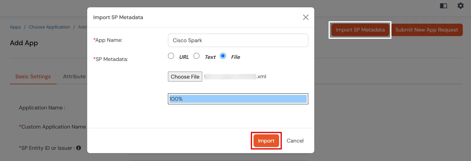 Cisco Spark Platform SAML Upload Cisco Spark SP Metadata