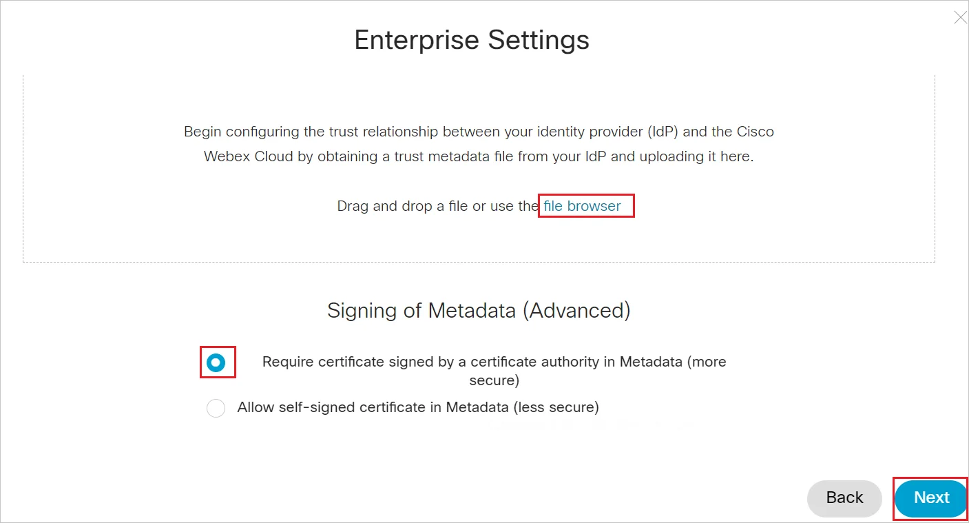 Cisco Spark Platform Uplaod miniOrange IDP Metadata