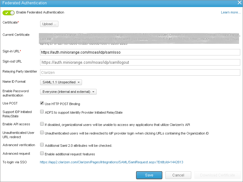 Clarizen Single Sign On (sso) configuration details