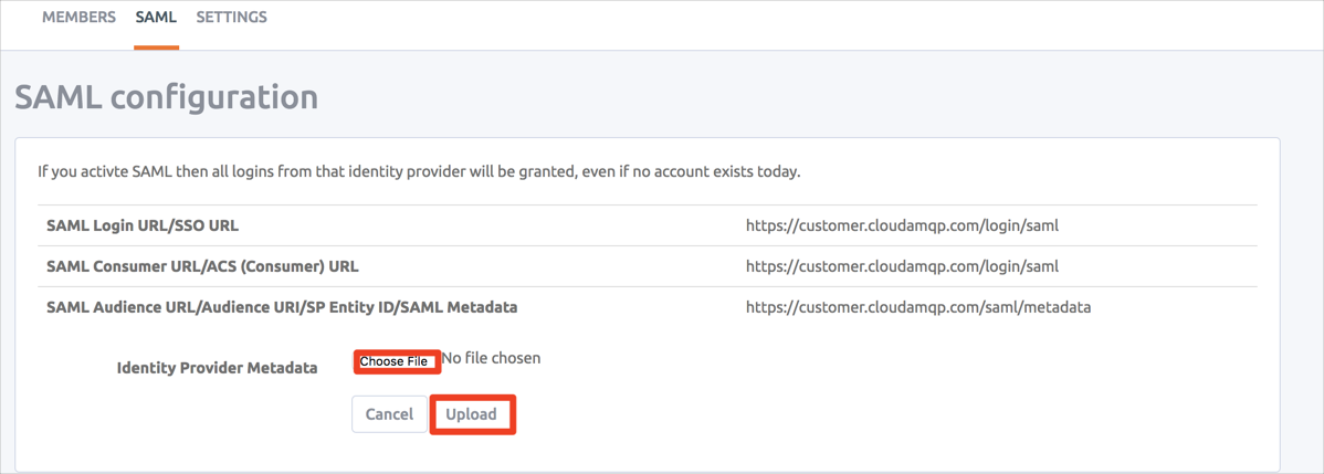 CloudAMQP Single Sign On (sso) upload metadata