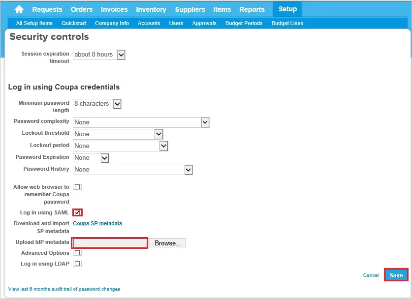 Coupa Single Sign-On (SSO) Select Metadata details external IDP or miniOrange as IDP