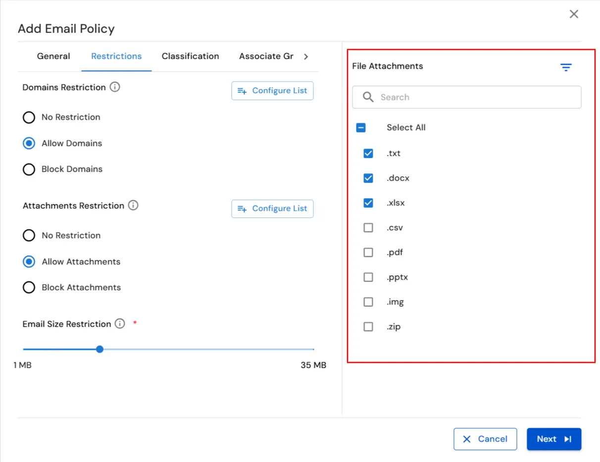 : Email DLP for Email Security | Set Restrictions