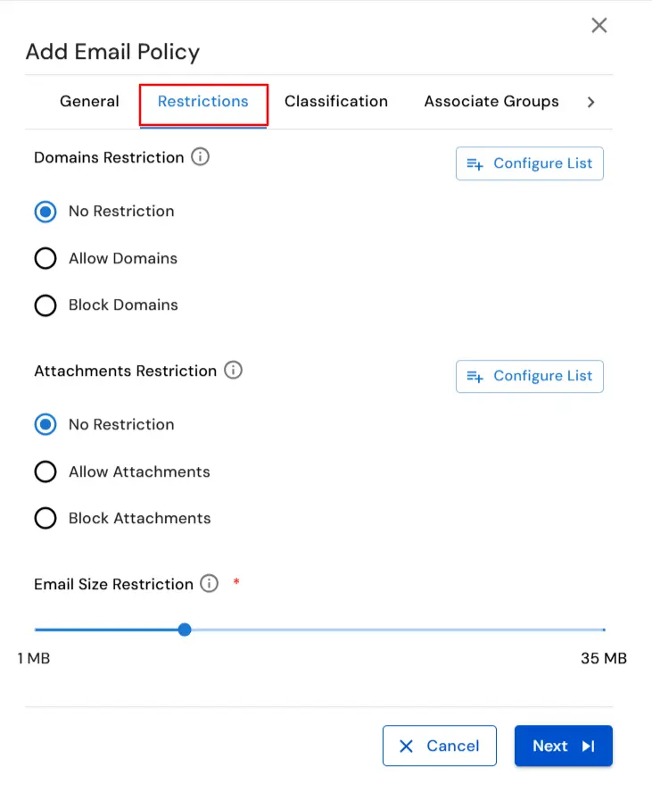 : Email DLP for Email Security | Select Type of Domain restriction
