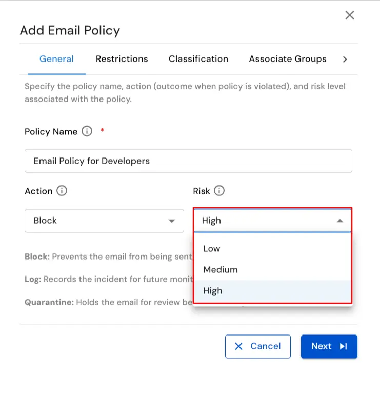 :Email DLP for Email Security | Select risk level
