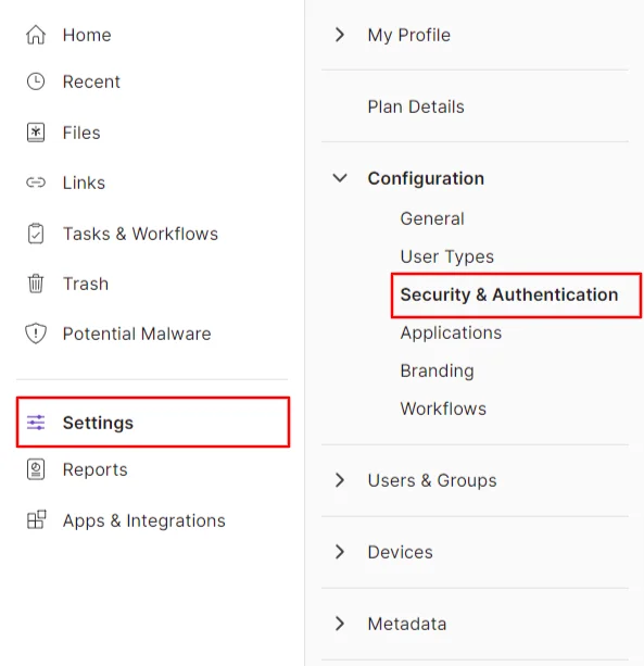 Egnyte Single Sign On (sso) click Settings