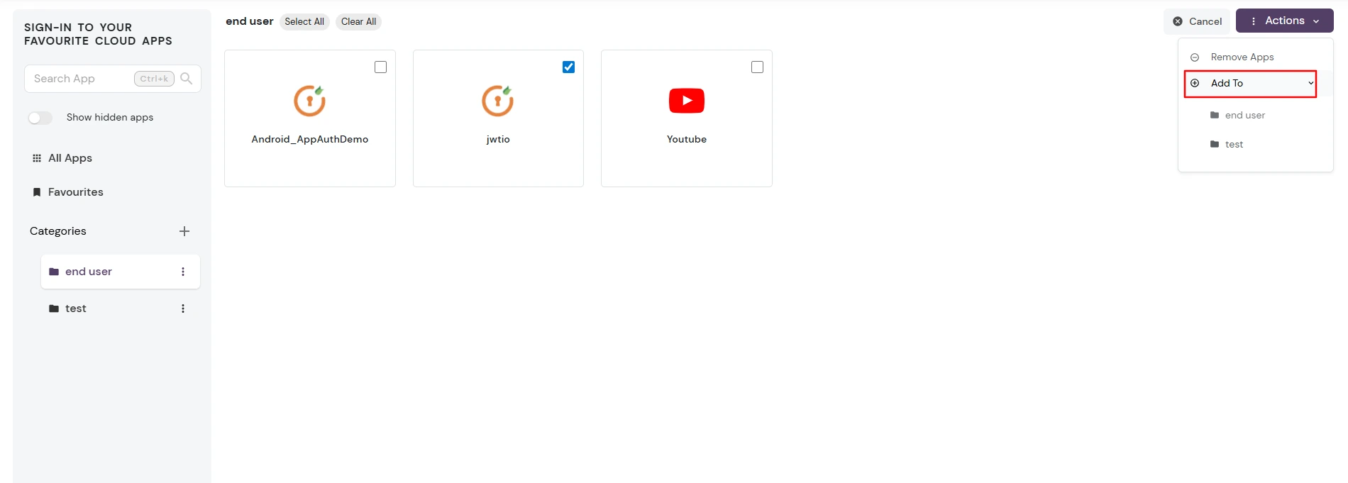 miniOrange Identity Platform End User Self-Service Portal: Add to Options