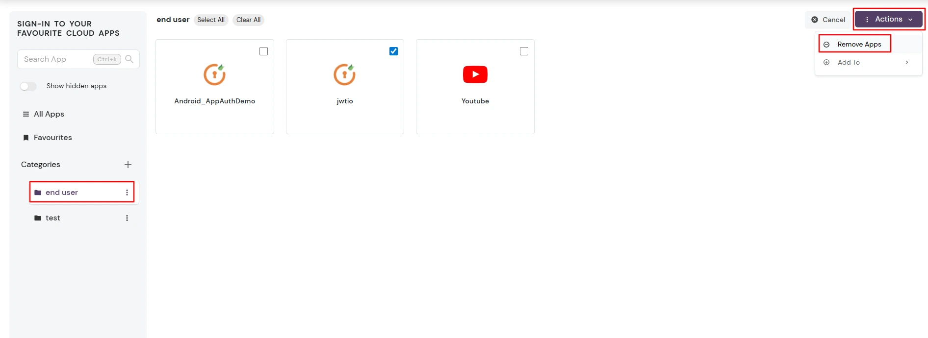 miniOrange Identity Platform End User Self-Service Portal: Remove Options
