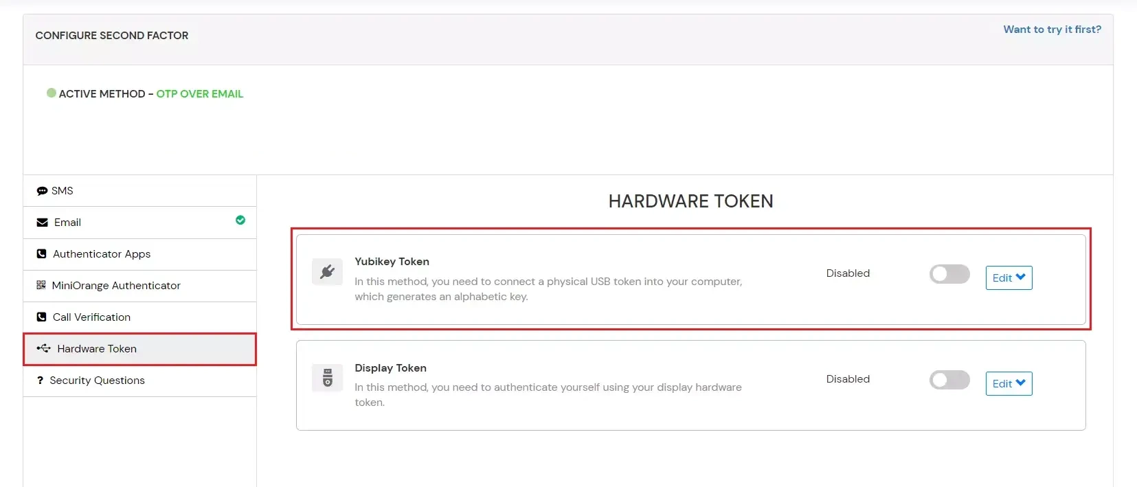 select YUBIKEY Hardware Token 2FA method for admin