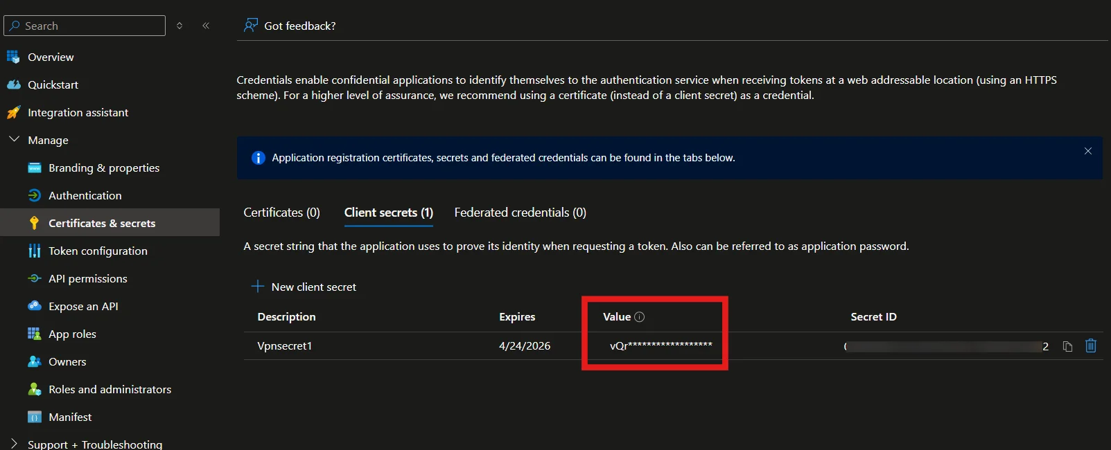 Microsoft Entra Id Identity Provider - Copy the secret value