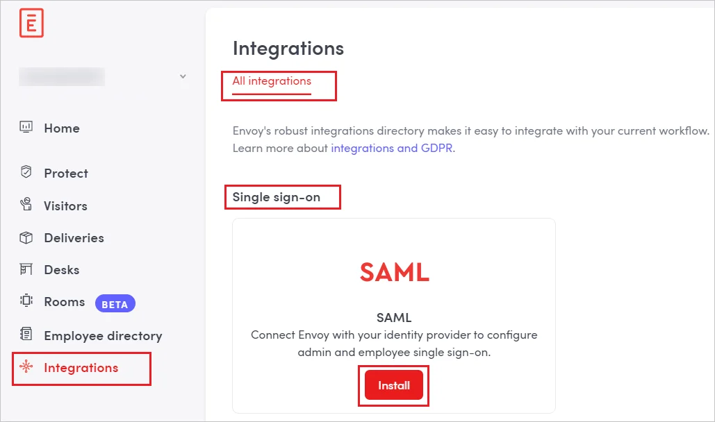 Envoy Single Sign On (sso) click integrations and install SAML