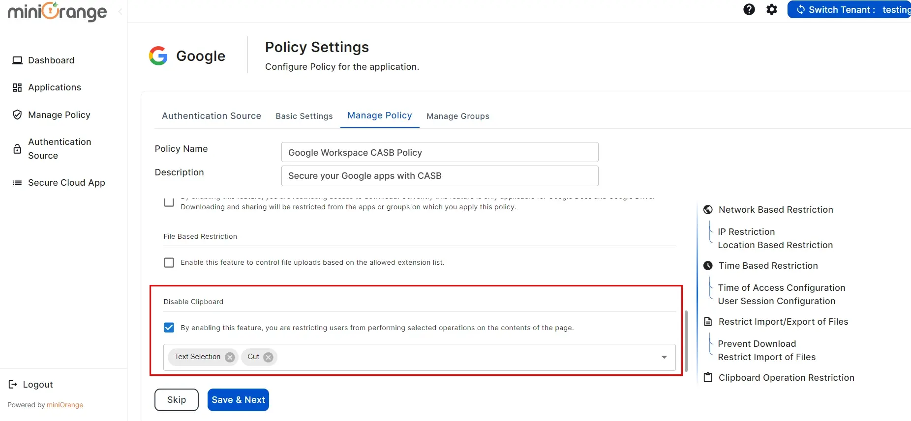 setup Google CASB- click on Enable Disable cop