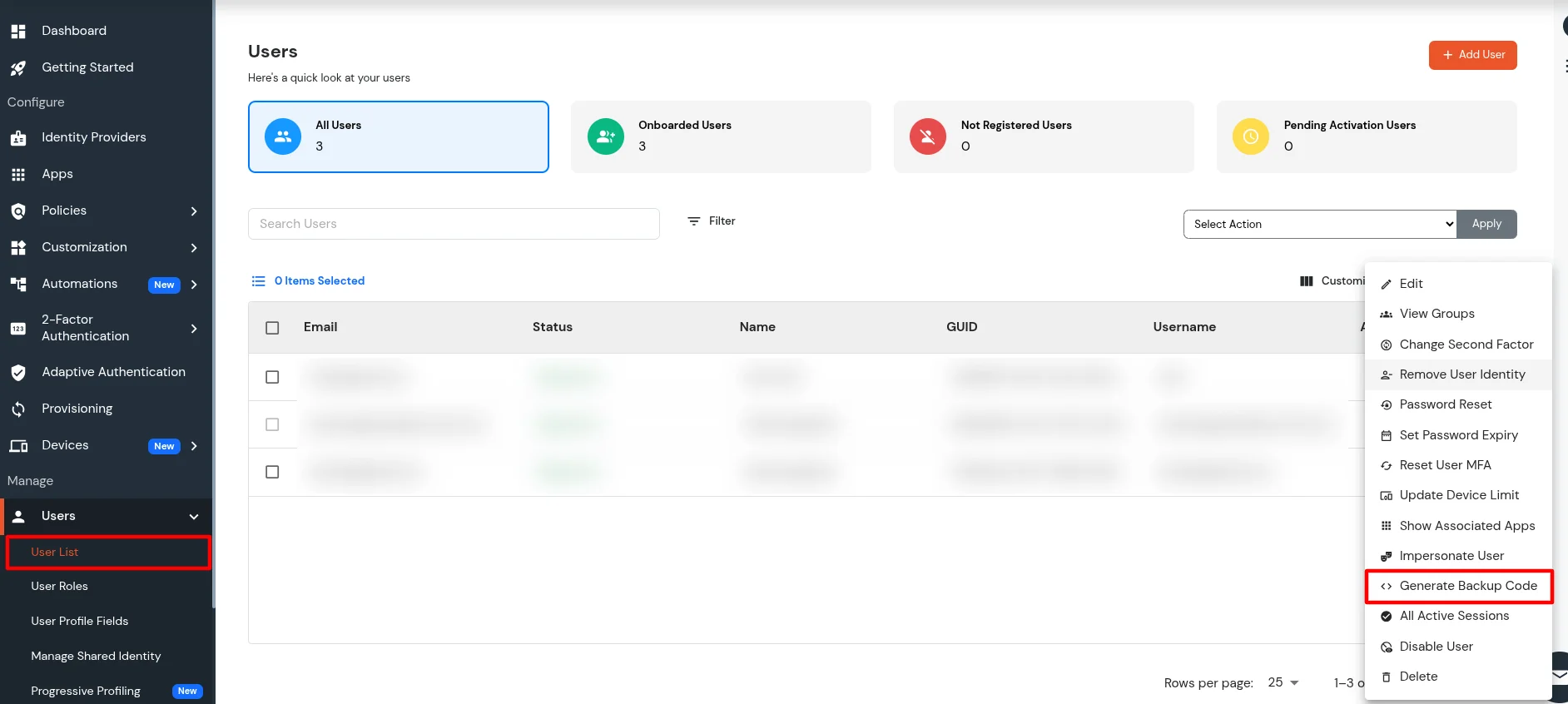 miniOrange Identity Platform Admin Handbook: User List with Three dots Actions menu open and Generate Backup Code selected; Backup code generated successfully toast