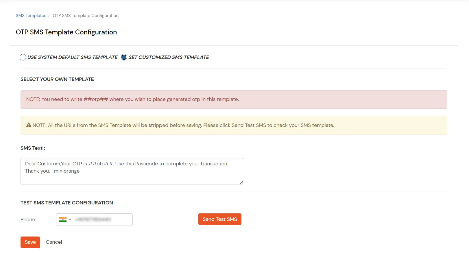 miniOrange Identity Platform Admin Handbook: customize sms template