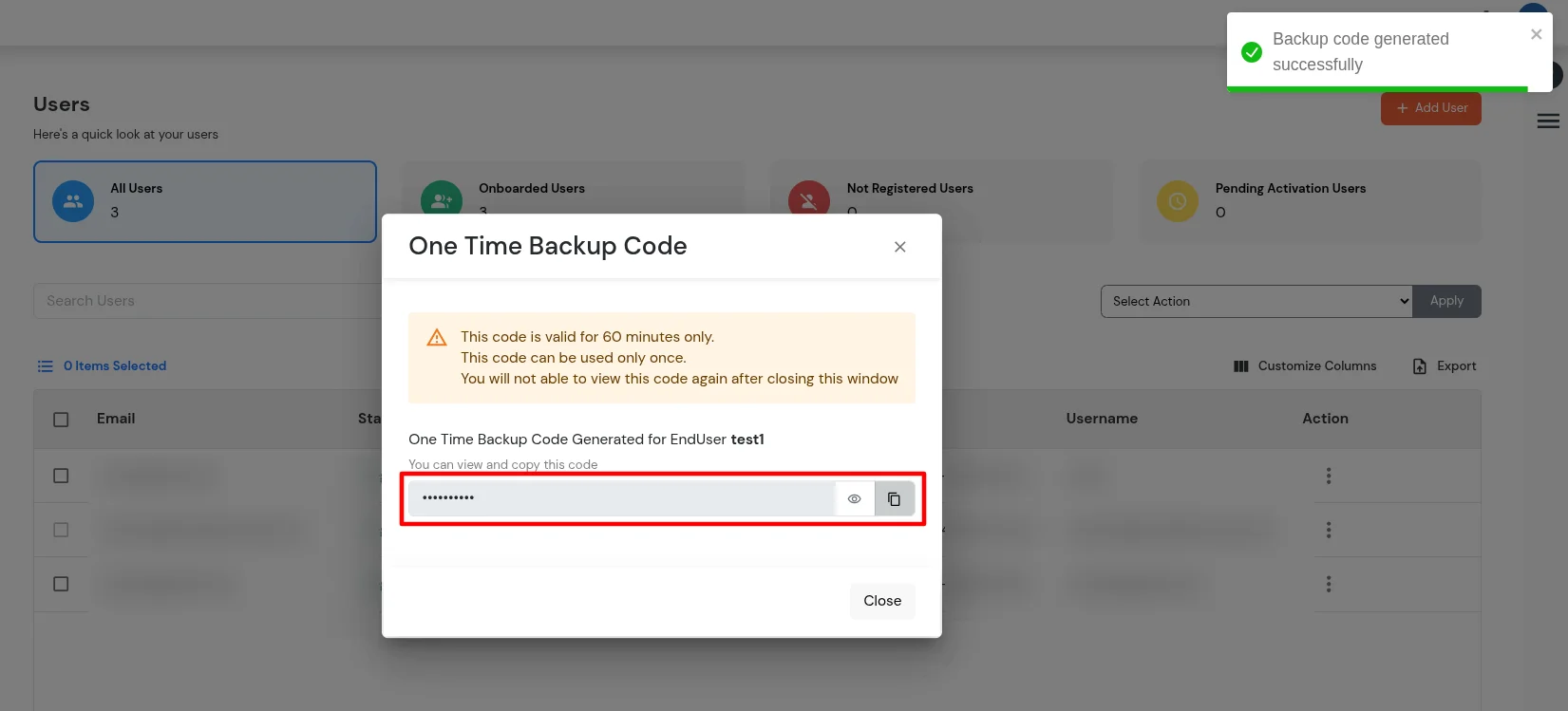 miniOrange Identity Platform Admin Handbook: One Time Backup Code modal with copy control
