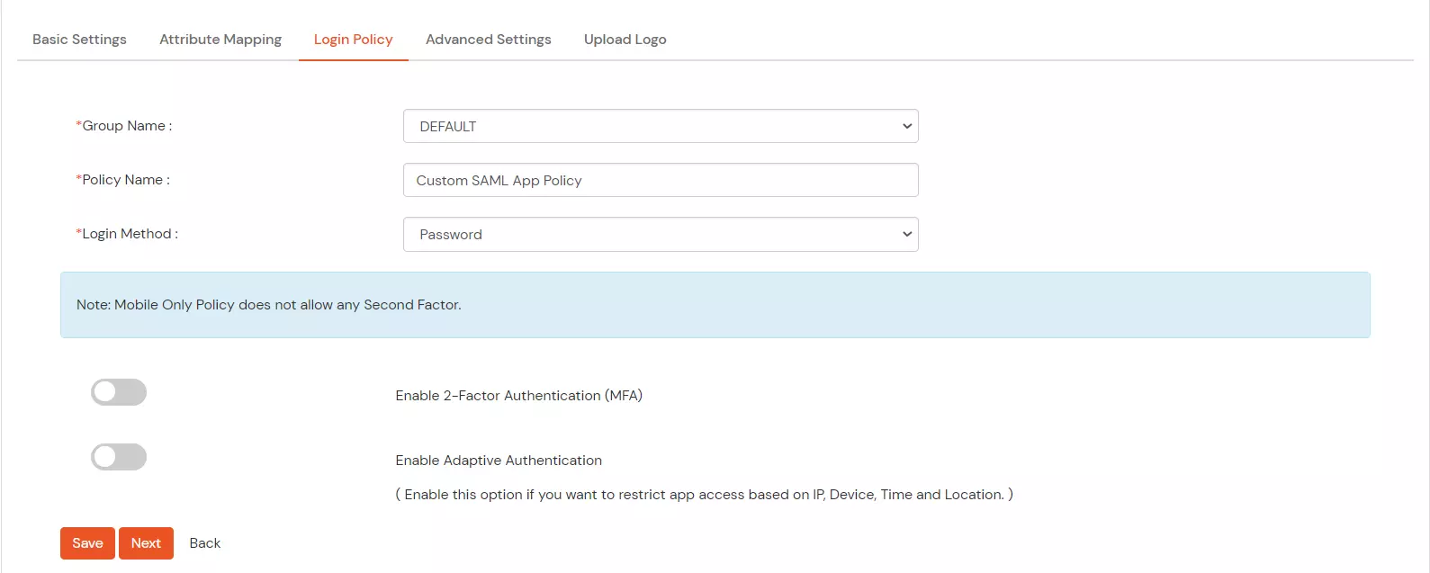 miniOrange Identity Platform Admin Handbook: edit login policy