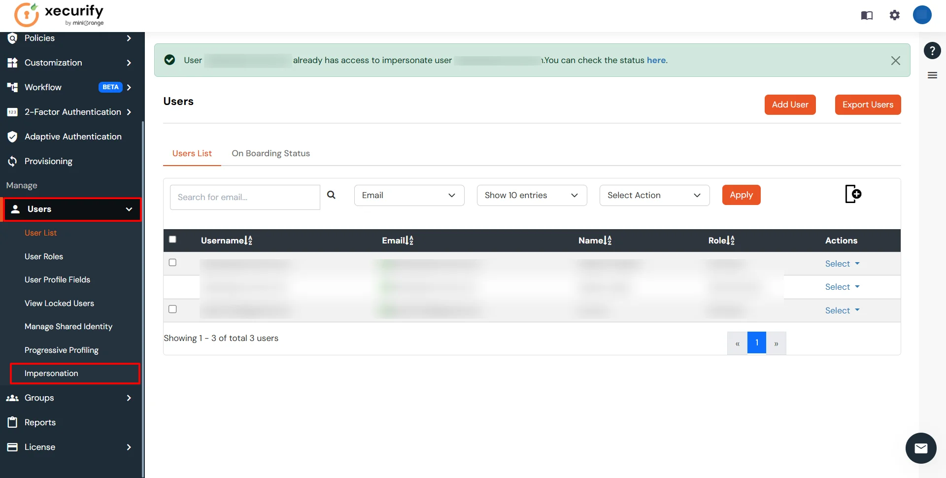 miniOrange Identity Platform Admin Handbook: To check status, Click on Impersonation under users section