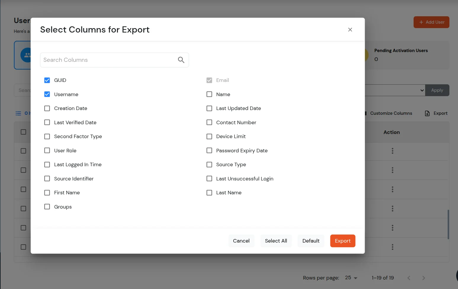 miniOrange Identity Platform Admin Handbook: Select coloumns for export