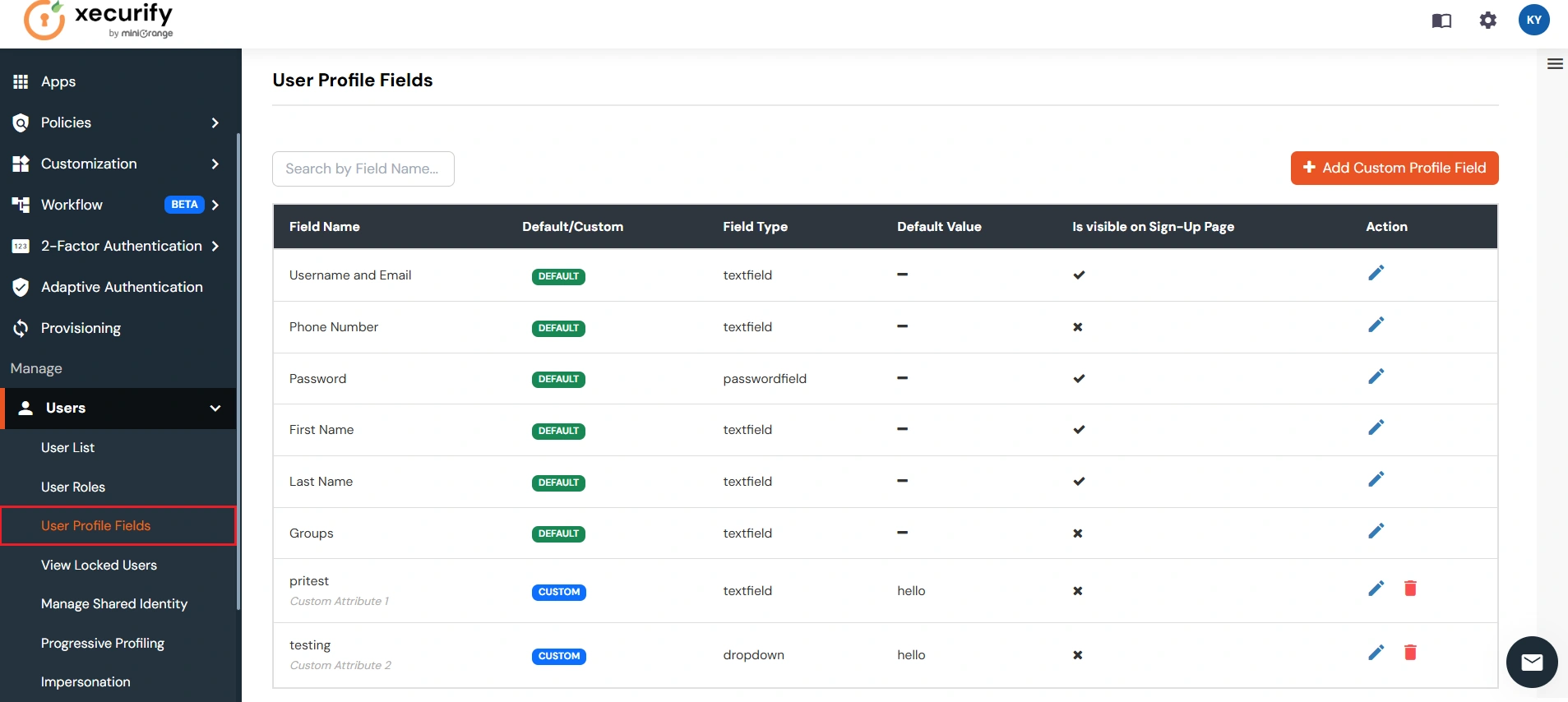 miniOrange Identity Platform Admin Handbook: User Profile fields