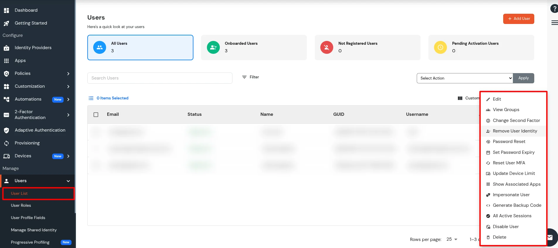 miniOrange Identity Platform Admin Handbook: Side Menu