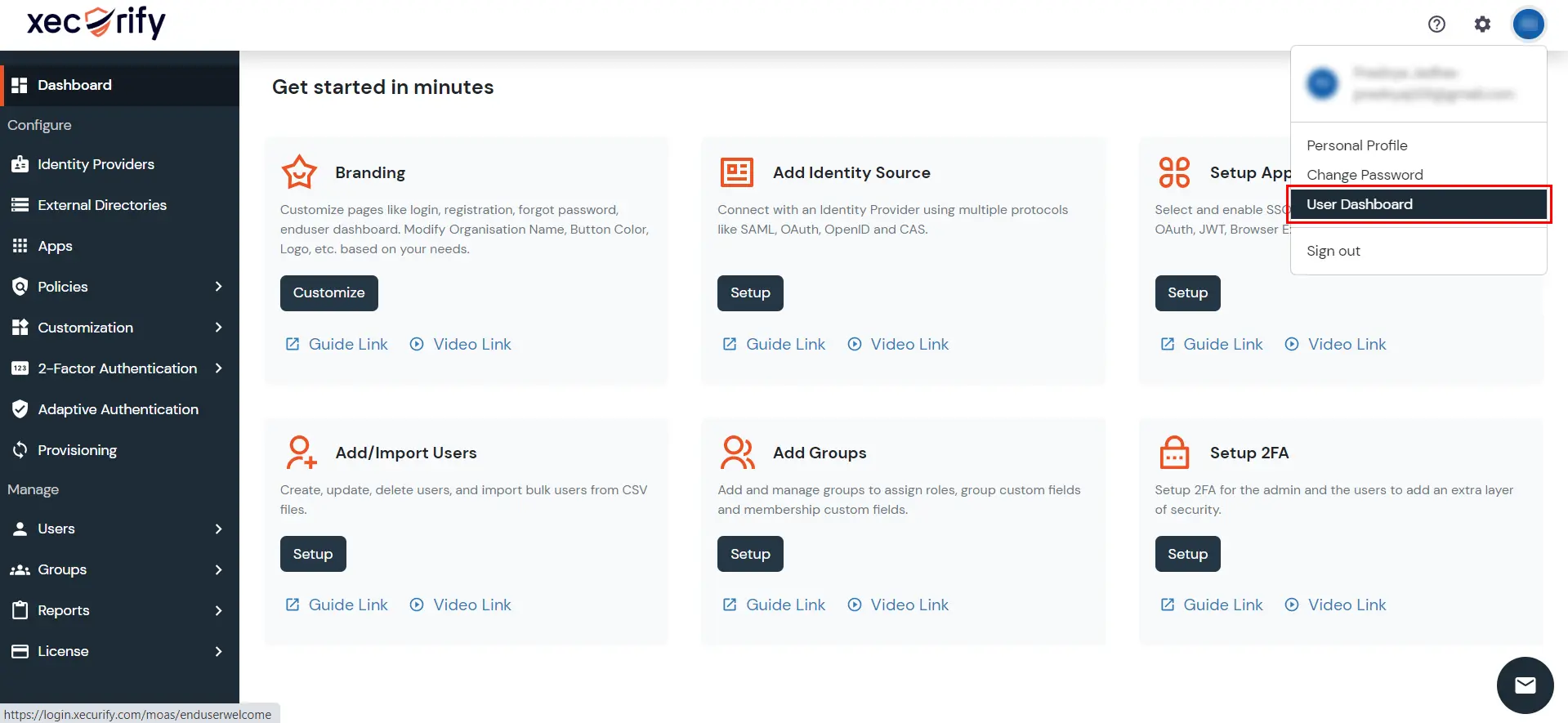 miniOrange Identity Platform Admin Handbook: User Dashboard