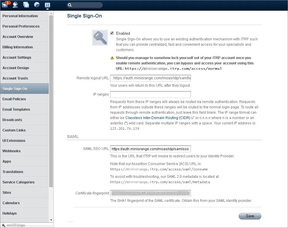 itrp sso configuration details