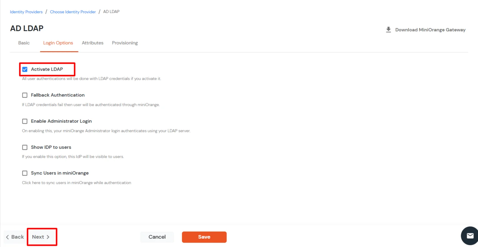 miniorange ldap sync configure AD/LDAP gateway user store in cloud
