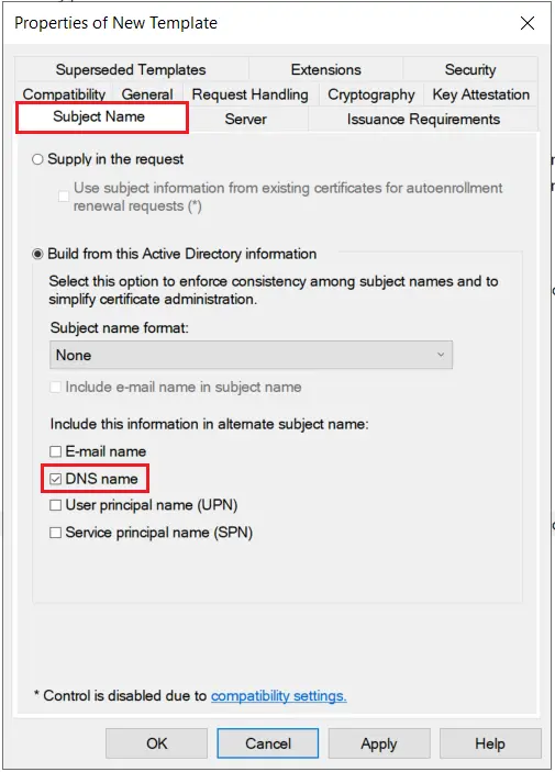 LDAPS on Windows Server subject name settings