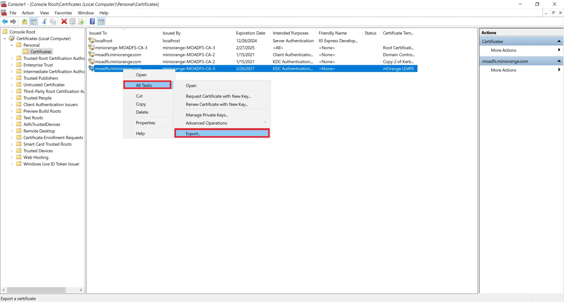 LDAPS on Windows Server export generated certificate