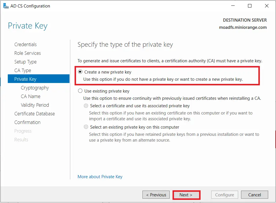 LDAPS on Windows Server create private key