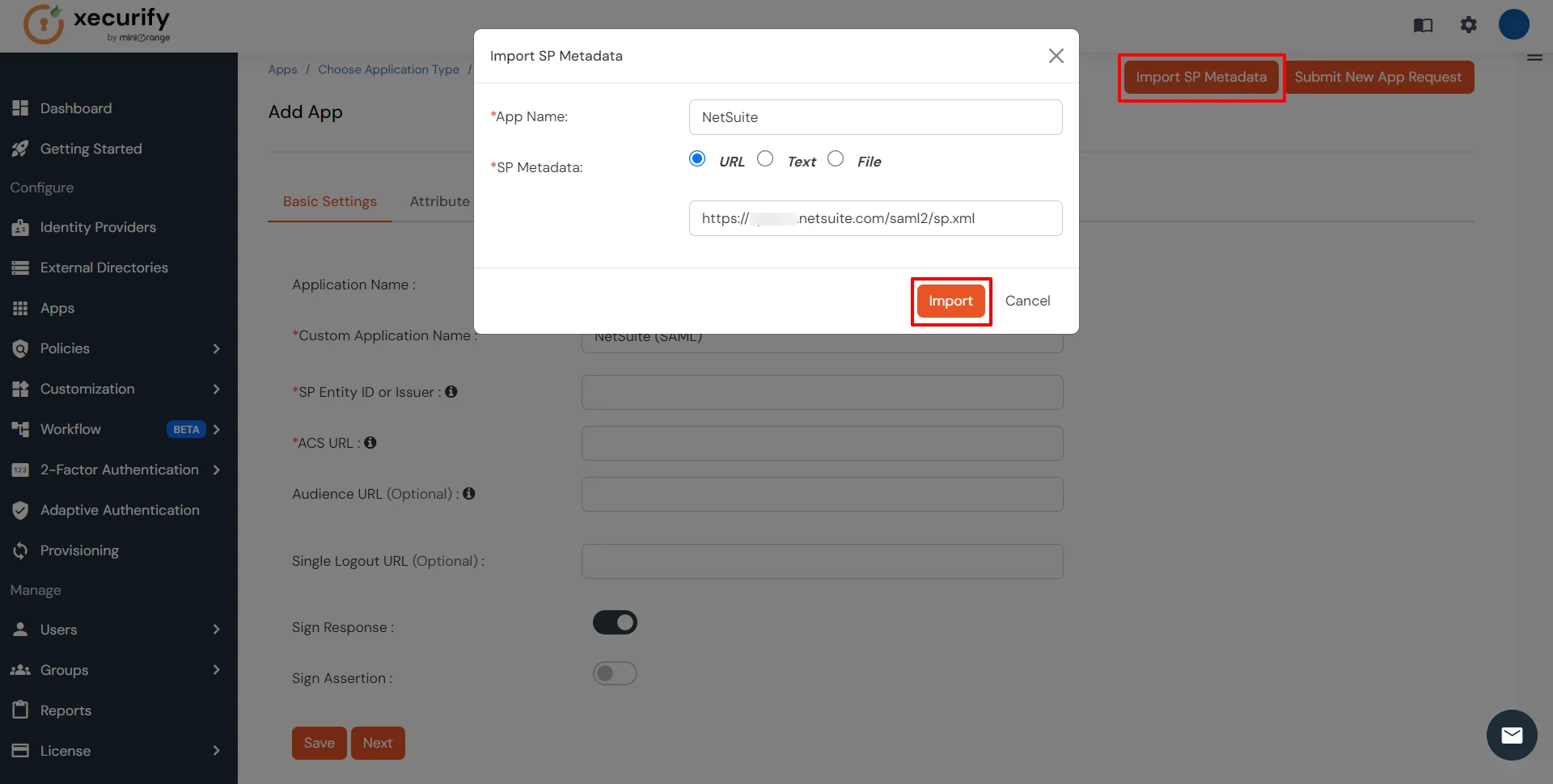 Netsuite Single Sign-On (sso) Upload SP Metadata File in miniOrange Dashboard