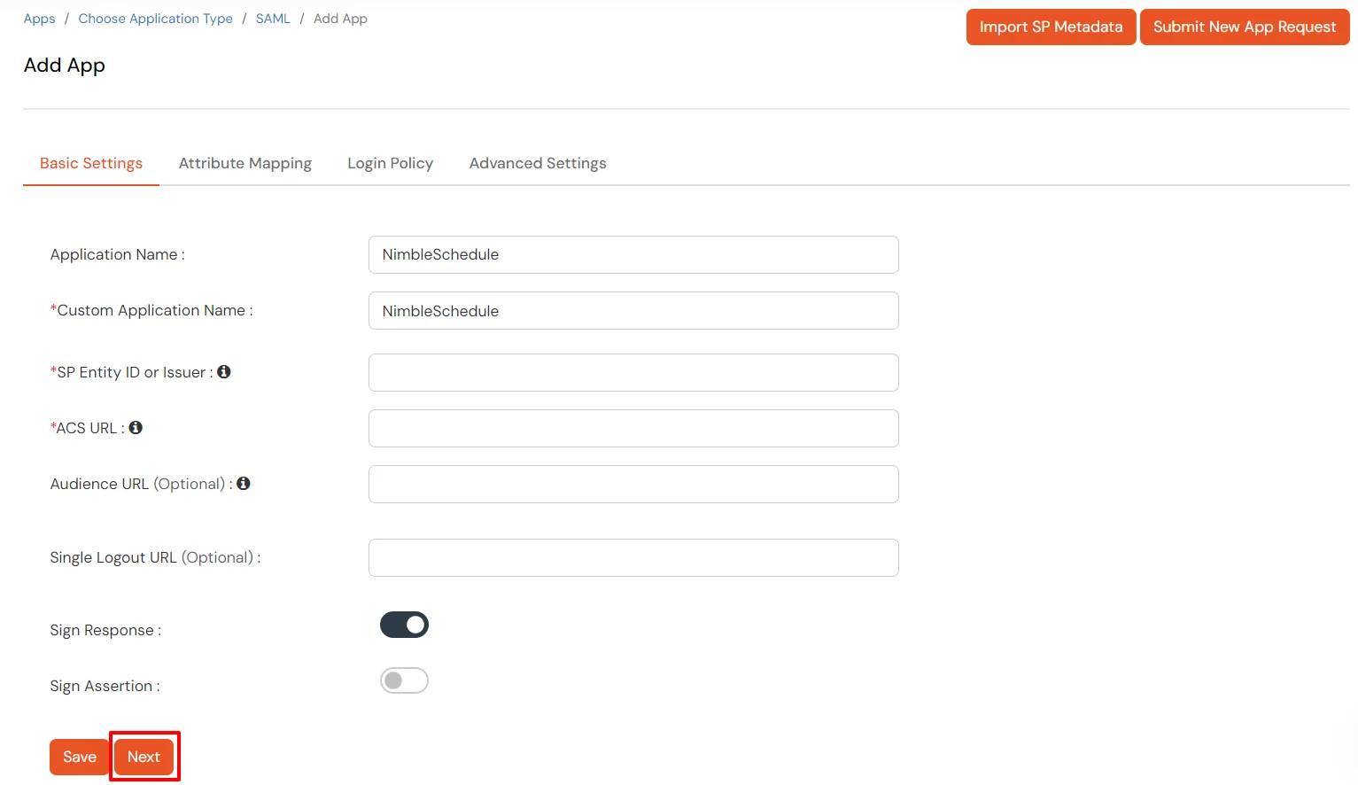 NimbleSchedule Single Sign-On (sso) Enter required details