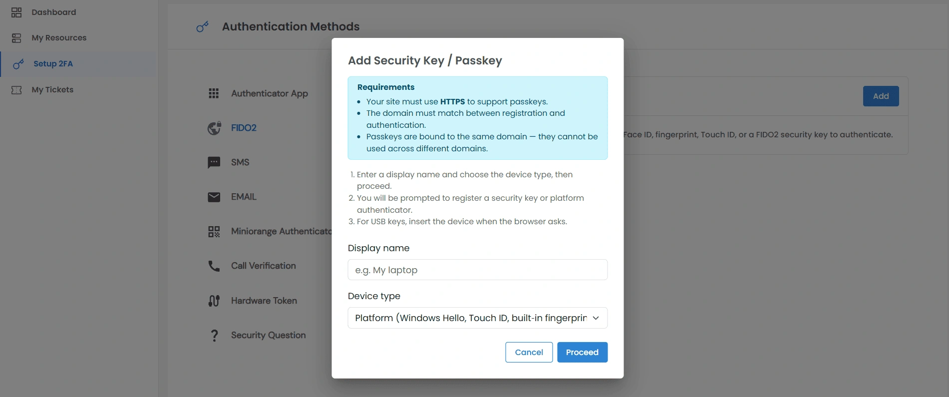 Privileged Access Management Admin Handbook: End user Setup 2FA link in the left sidebar