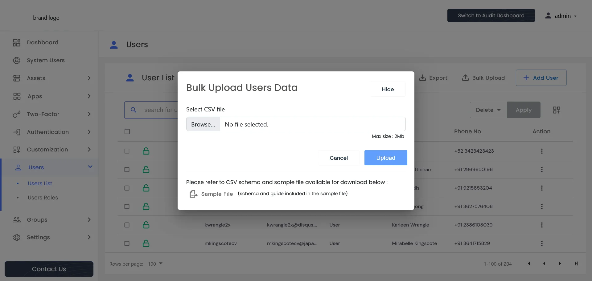 PAM Admin Handbook - Bulk Users Navigate to Users -> Users List then Bulk Upload